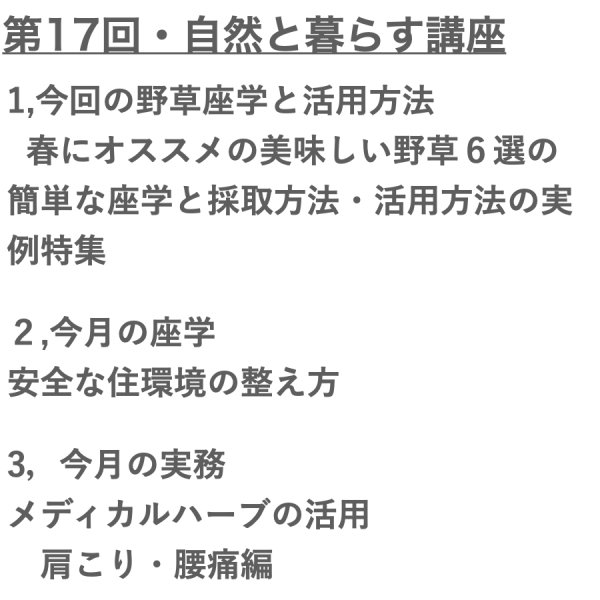 画像2: 【3月13日(木）オンライン講座】自然と暮らす講座/ 春にオススメの美味しい野草６選の 簡単な座学と採取方法・活用方法の実例特集  /今月の座学： 安全な住環境の整え方  /今月の実務： メディカルハーブの活用 　肩こり・腰痛編 (2)